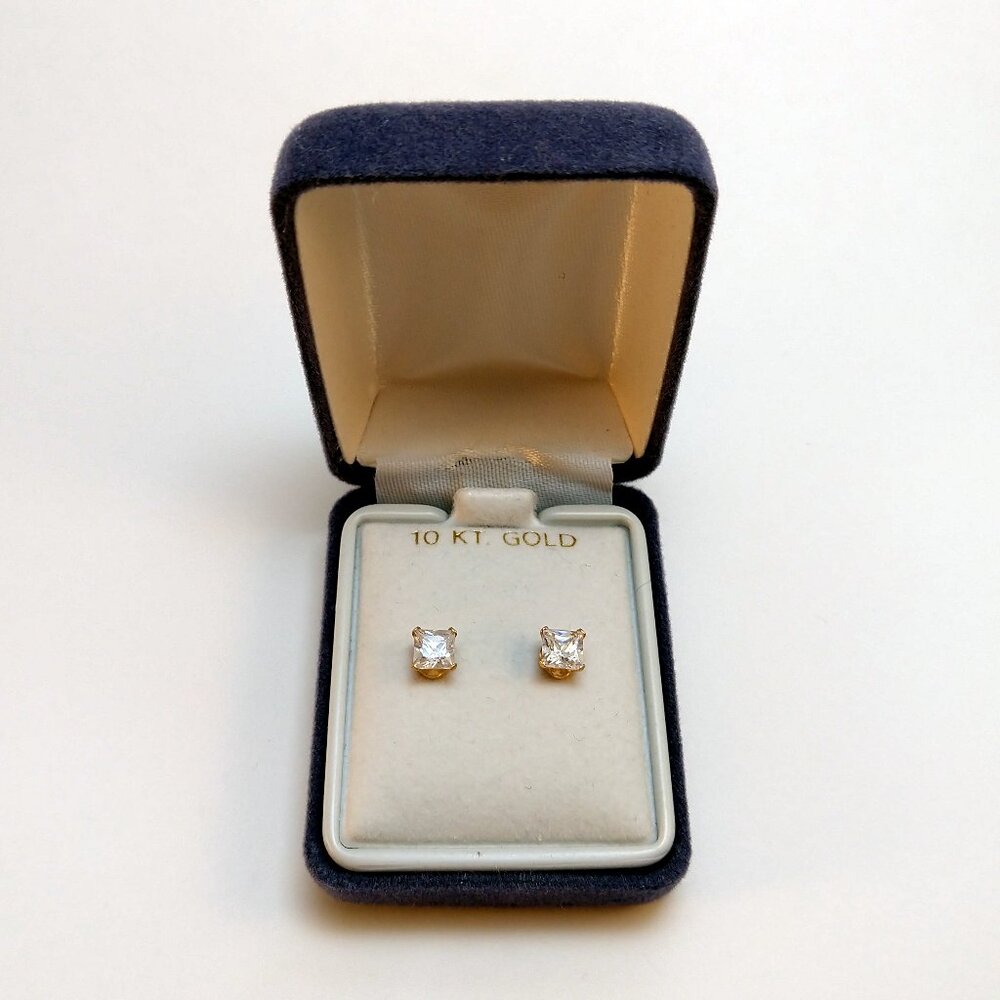 10 Karat Gold Faux Diamond Earrings Square Cut Cubic Zirconium Elegant Gift